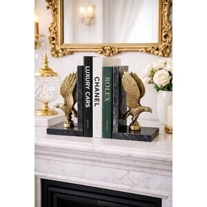 Vintage Brass Eagle Bookends Marble Base | Hollywood Regency Decor
